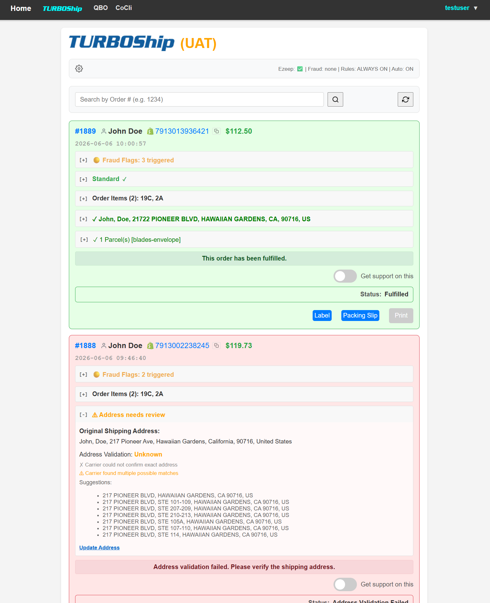 Turboship Web Portal & Address Validation View